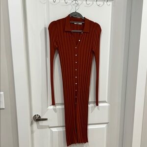 Rust Red Ribbed Long Sleeve Button-Down Dress